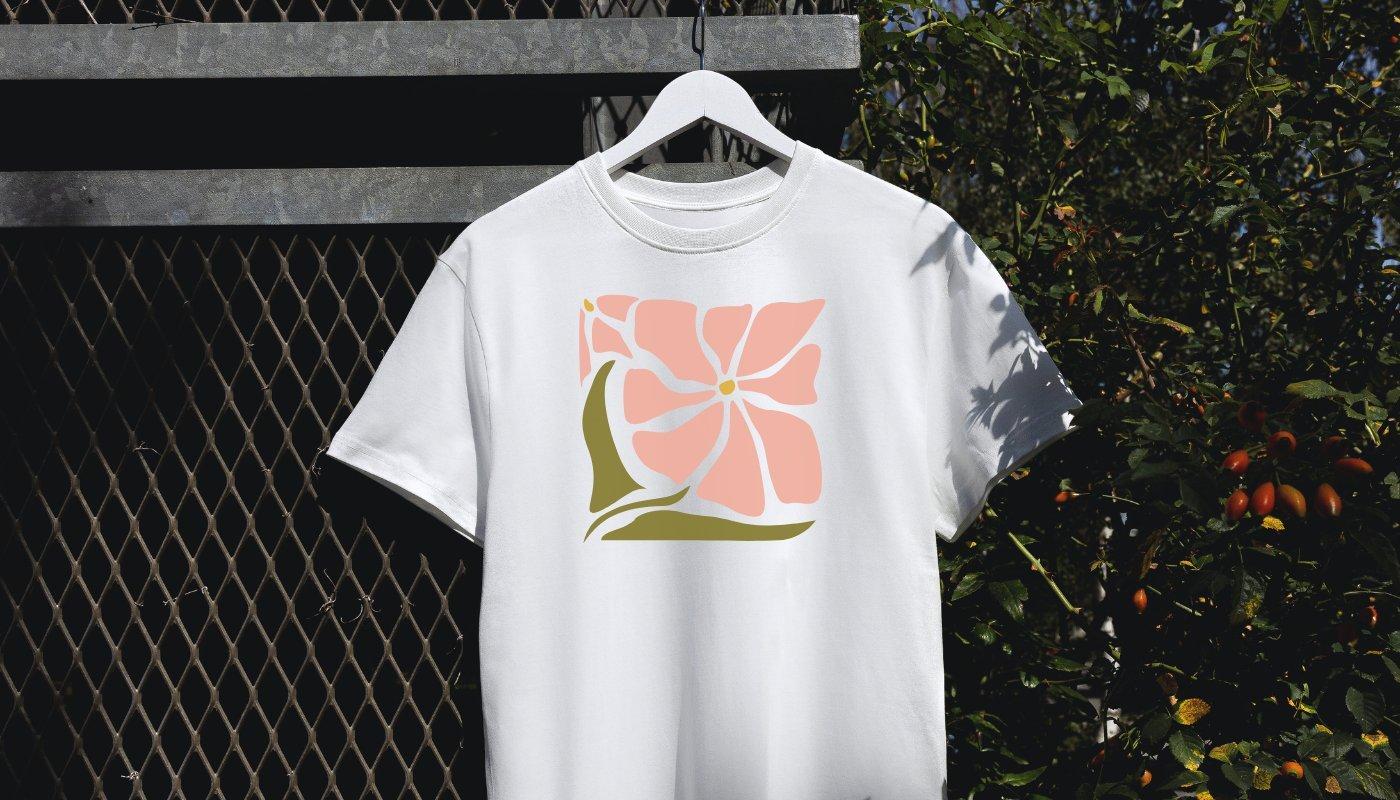 organic cotton t-shirt with floral design hanging outside